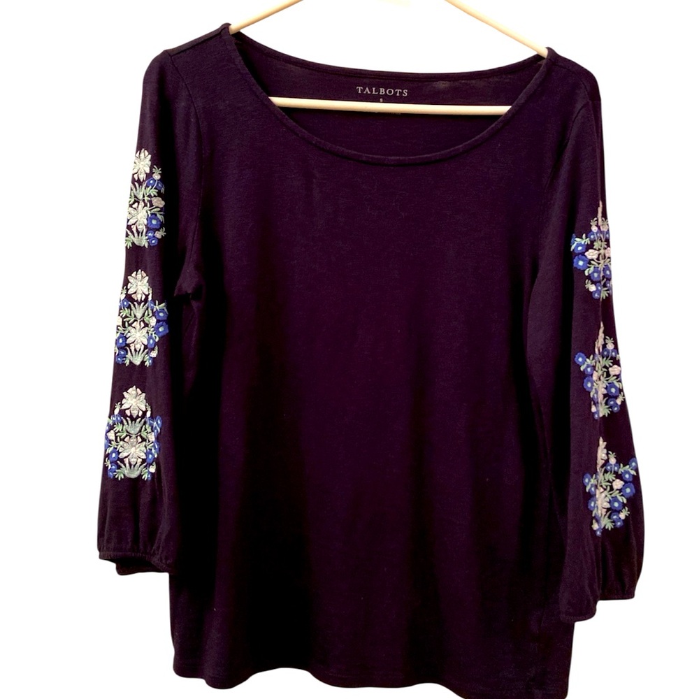 Talbots Top Black Embroidered Sleeves Blue Flowers Rounded Neckline WM SZ S